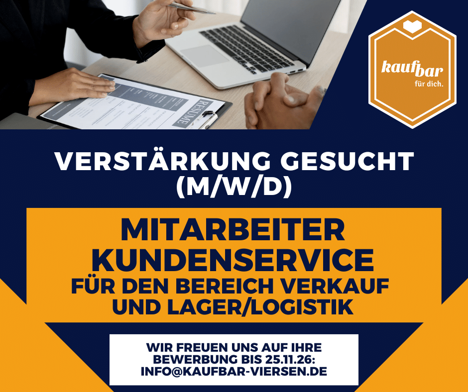 Die kaufbar sucht einen Mitarbeiter im Kundenservice. Bewerbungen per Mail an info@kaufbar-viersen.de bis 25.11.26